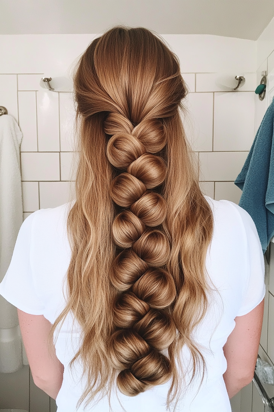 23. Golden Brown Bubble Braid (Wedding Hairstyles For Long Hair) - Wedding Hairstyles For Long Hair