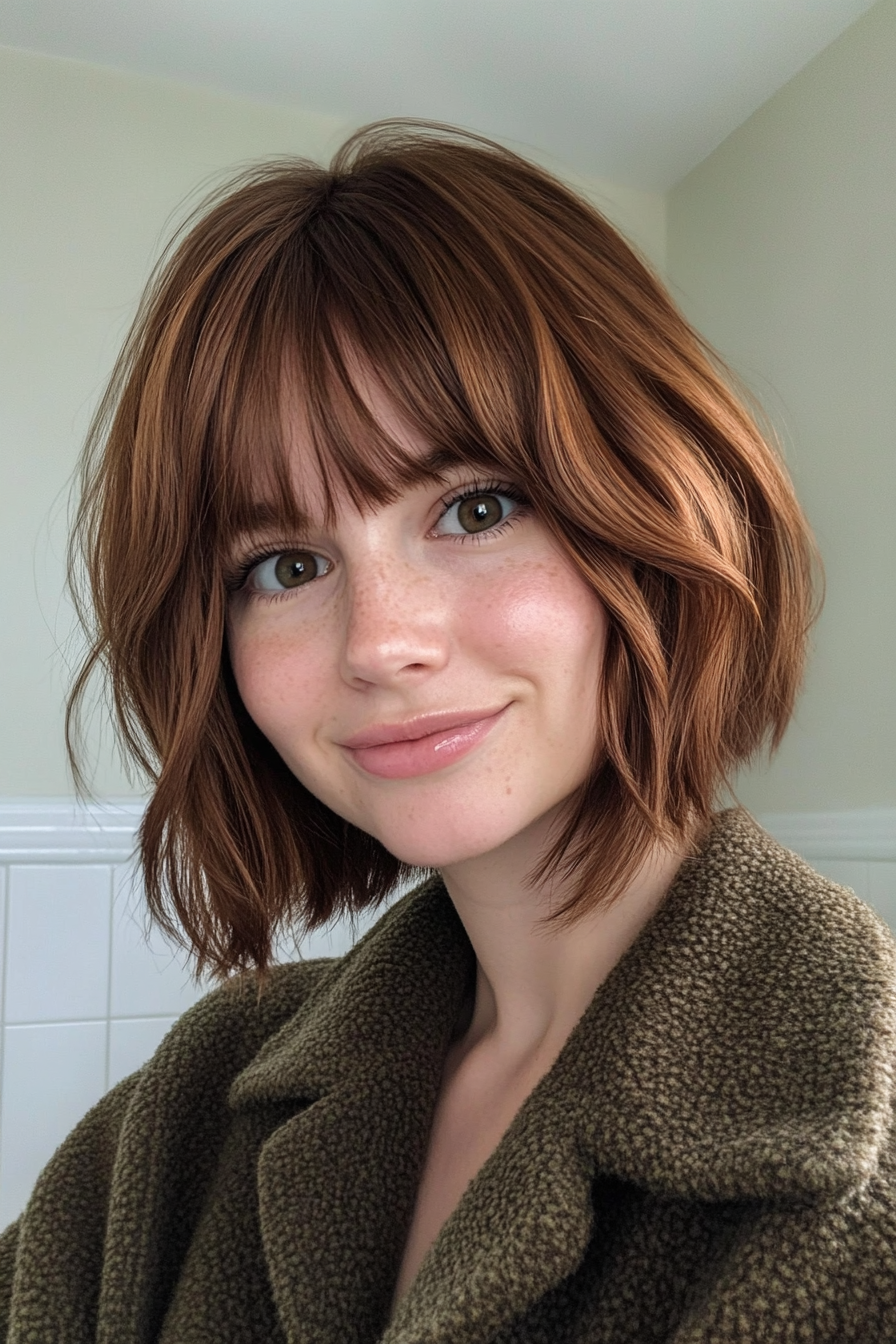 8. Chestnut Layered Bob with Bangs (Inverted Bob Haircuts) - Inverted Bob Haircuts