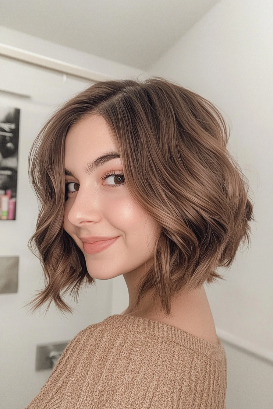 13. Warm Brown Wavy Bob (Inverted Bob Haircuts) - Inverted Bob Haircuts