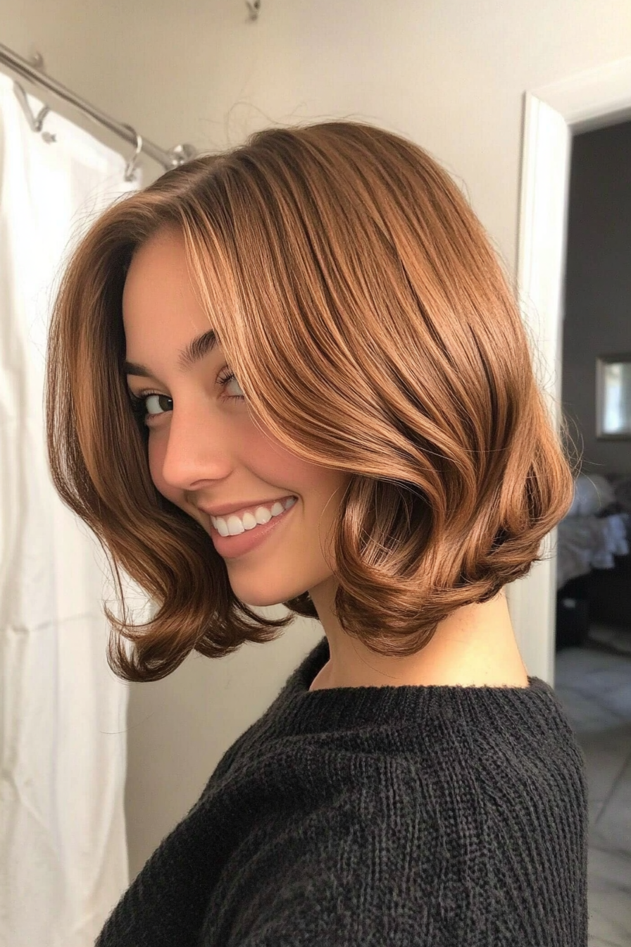 24. Honey Brown Curved Long Bob (Inverted Bob Haircuts) - Inverted Bob Haircuts