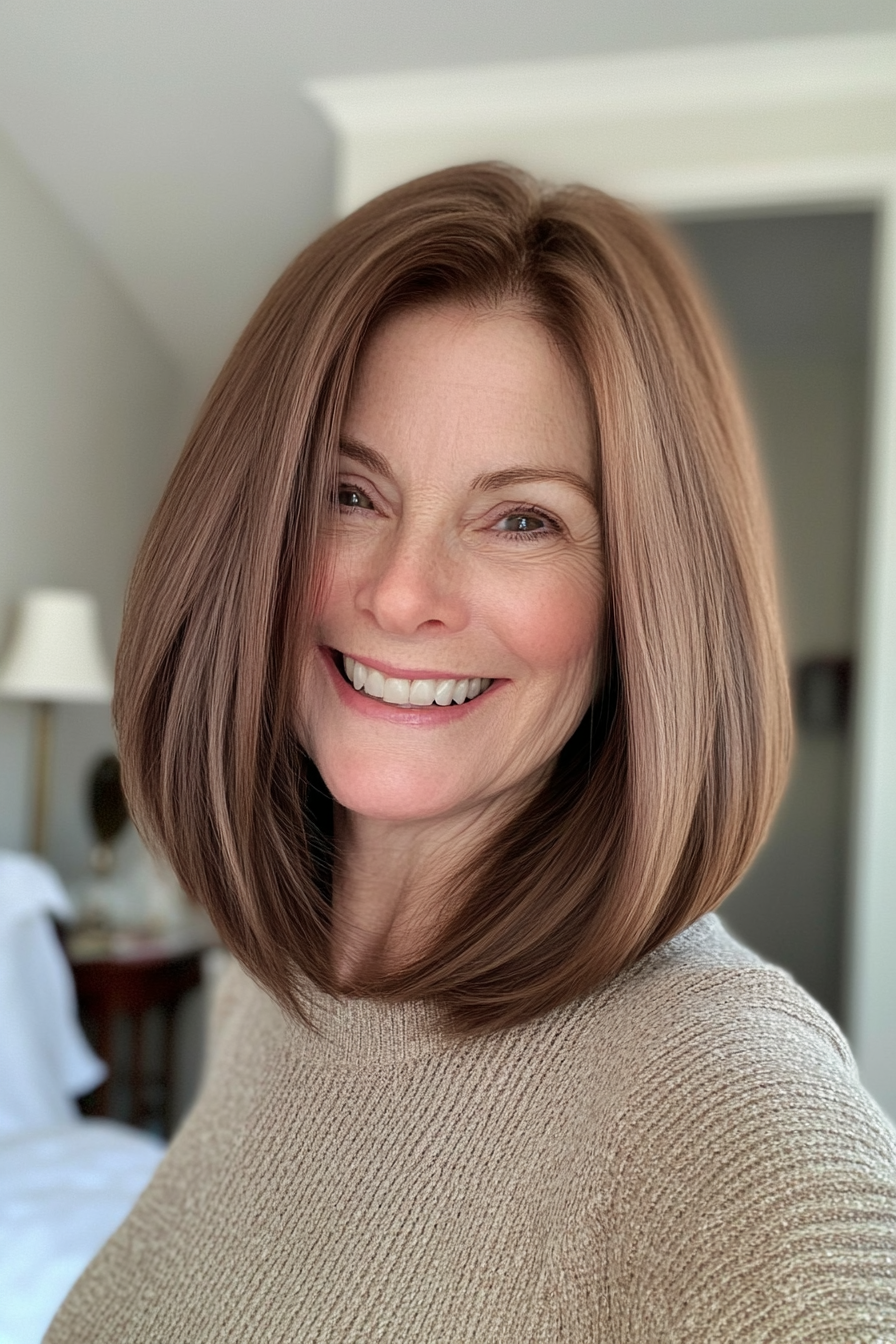 2. Elegant Long Bob in Warm Chestnut (Hairstyles For Older Women With Thin Hair) - Hairstyles For Older Women With Thin Hair