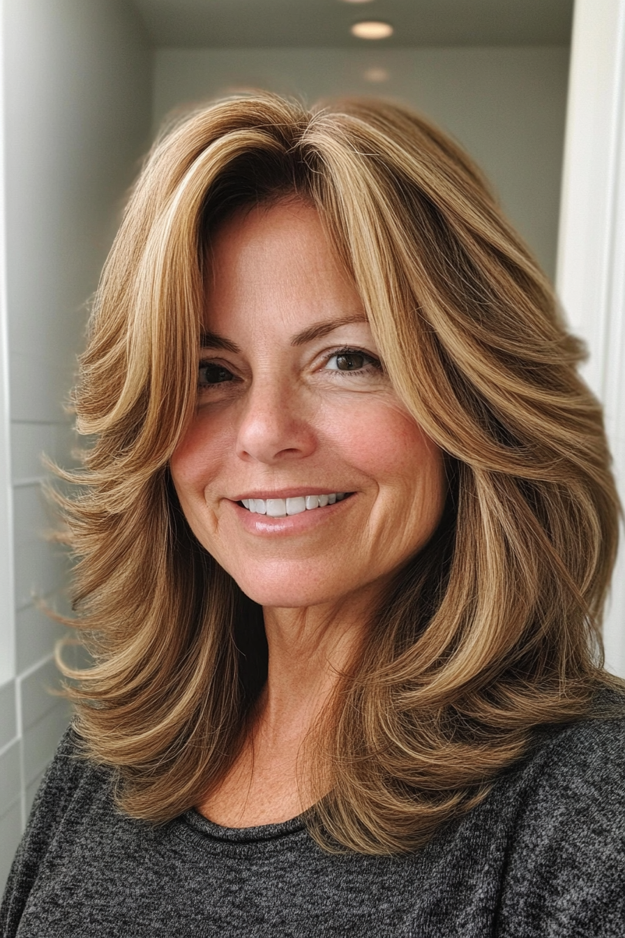 3. Layered Shag with Subtle Highlights in Light Golden Brown (Hairstyles For Older Women With Thin Hair) - Hairstyles For Older Women With Thin Hair