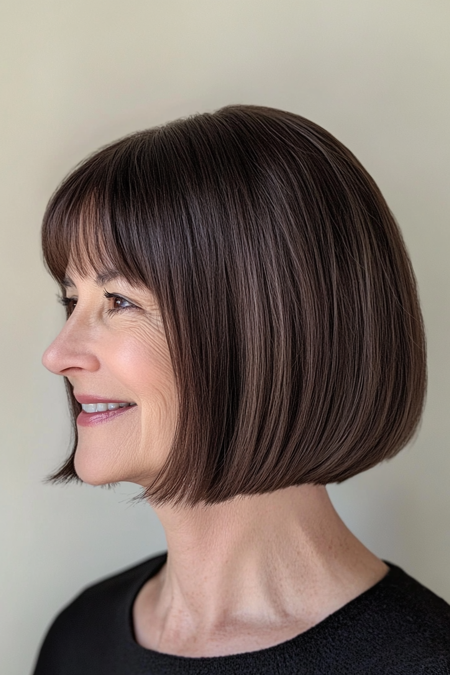 4. Classic French Bob in Dark Chocolate Brown (Hairstyles For Older Women With Thin Hair) - Hairstyles For Older Women With Thin Hair