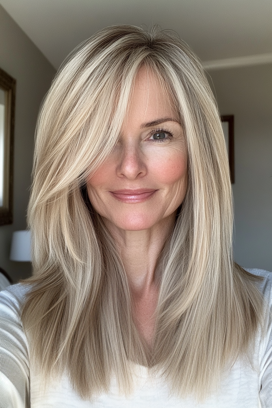 6. Wispy Bangs and Lob in Honey Blonde (Hairstyles For Older Women With Thin Hair) - Hairstyles For Older Women With Thin Hair