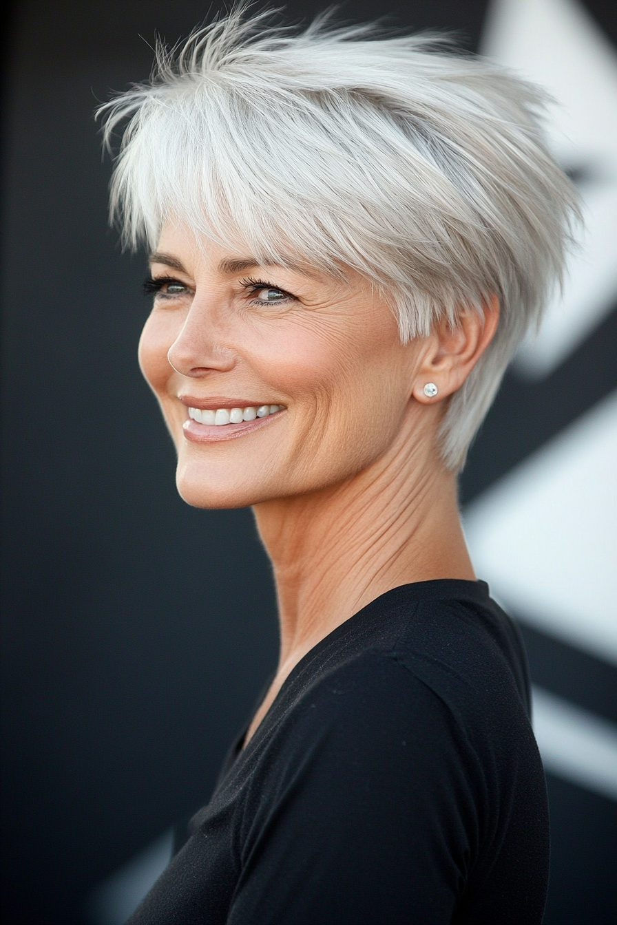 7. Cropped Layered Cut in Platinum Blonde (Hairstyles For Older Women With Thin Hair) - Hairstyles For Older Women With Thin Hair