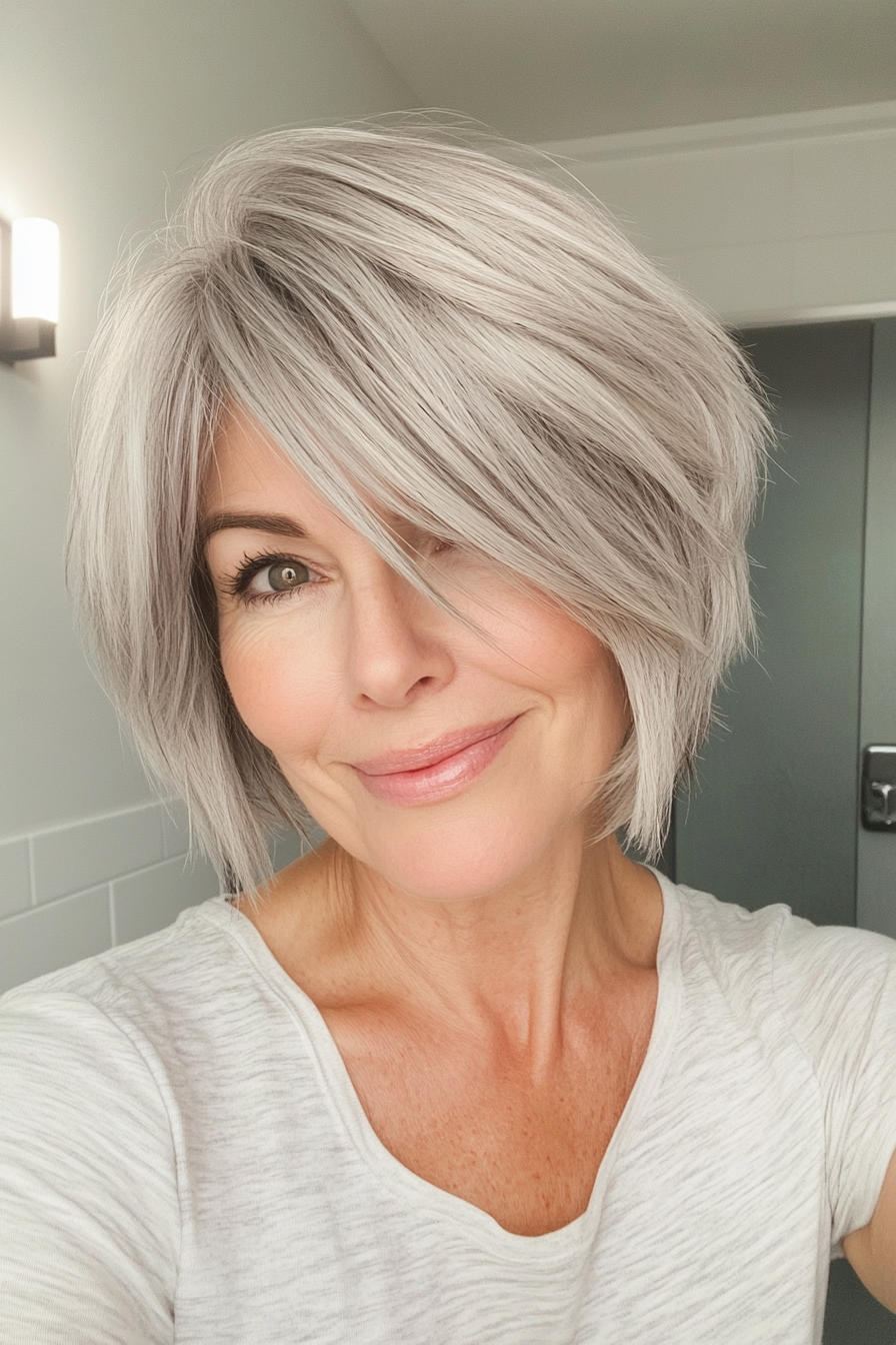 9. Textured Pixie with Side-Swept Bangs in Warm Gray (Hairstyles For Older Women With Thin Hair) - Hairstyles For Older Women With Thin Hair