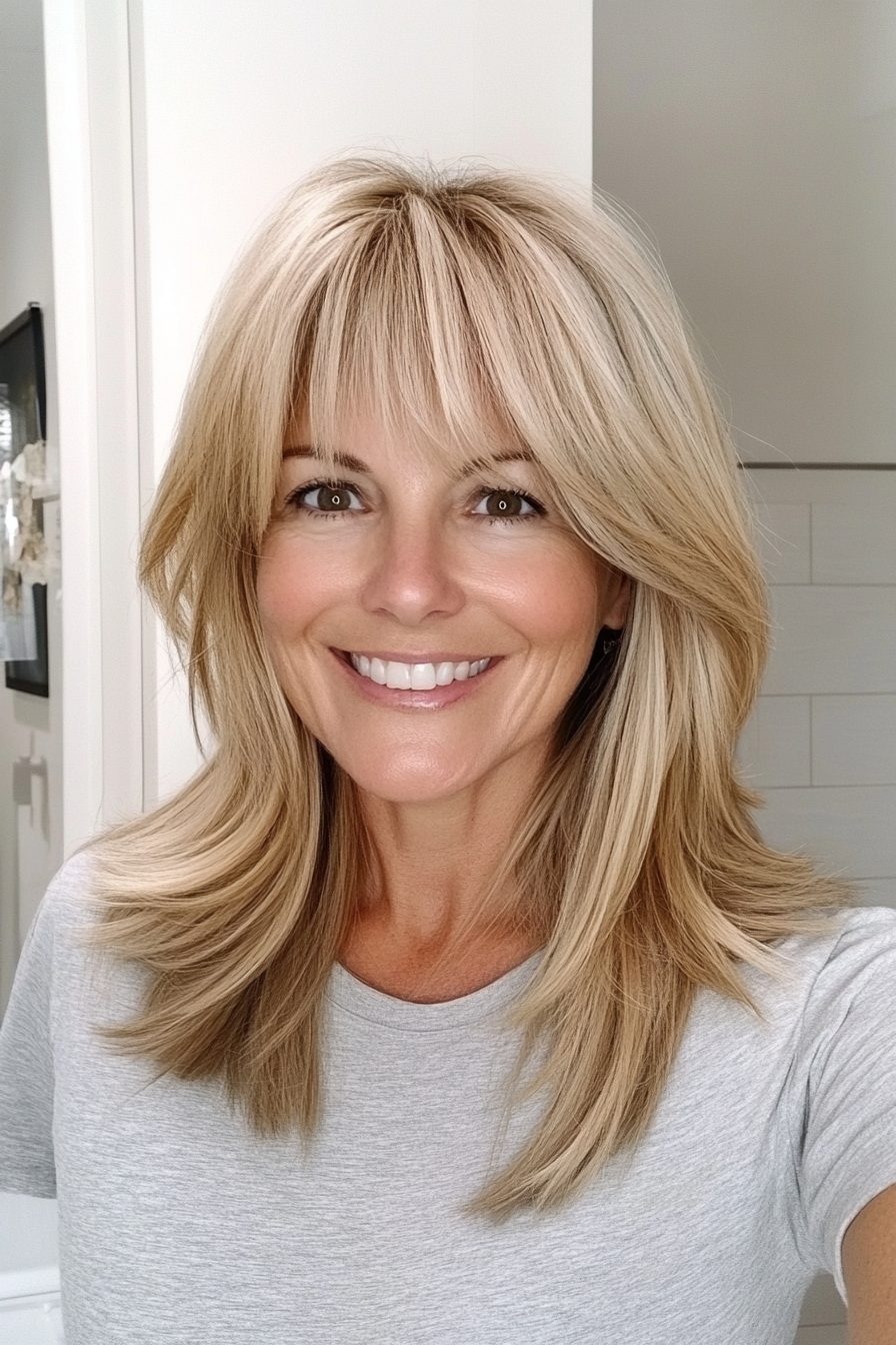 10. Curtain Bangs and Subtle Layers in Sandy Blonde (Hairstyles For Older Women With Thin Hair) - Hairstyles For Older Women With Thin Hair