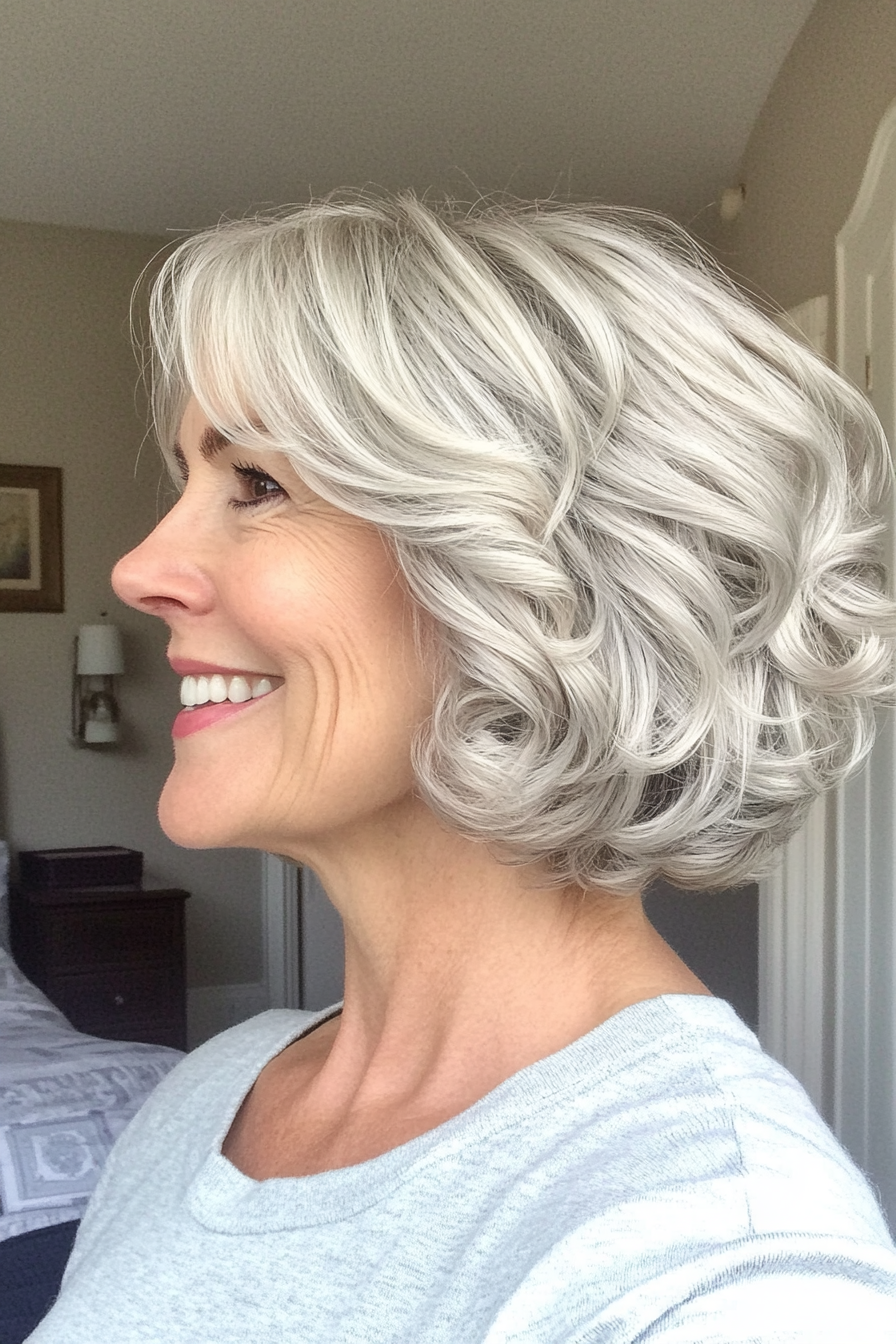 11. Short Curled Bob in Silver Blonde (Hairstyles For Older Women With Thin Hair) - Hairstyles For Older Women With Thin Hair