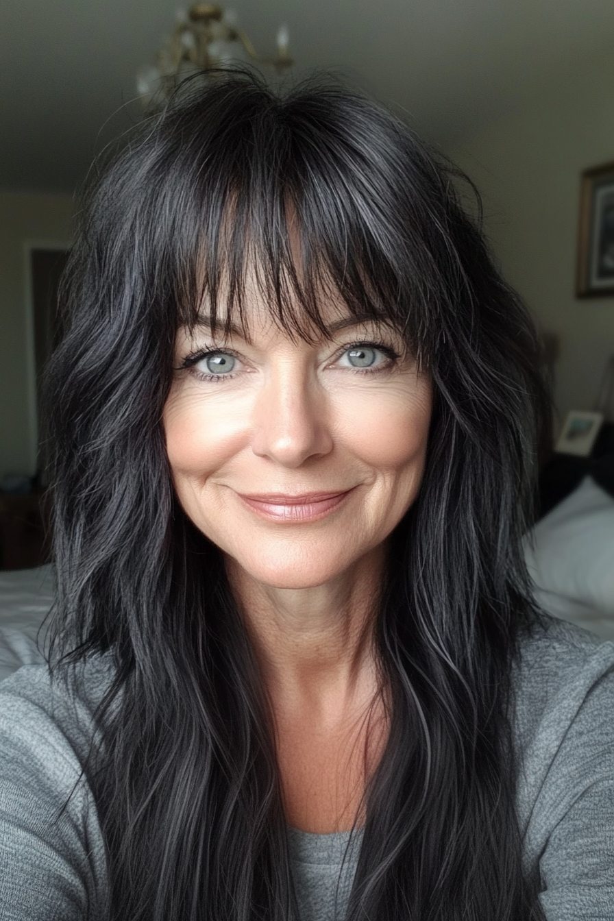 13. Long Pixie with Layered Fringe in Soft Black (Hairstyles For Older Women With Thin Hair) - Hairstyles For Older Women With Thin Hair