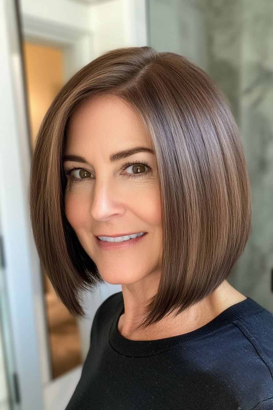14. Blunt Lob with Glossy Brunette Finish (Hairstyles For Older Women With Thin Hair) - Hairstyles For Older Women With Thin Hair