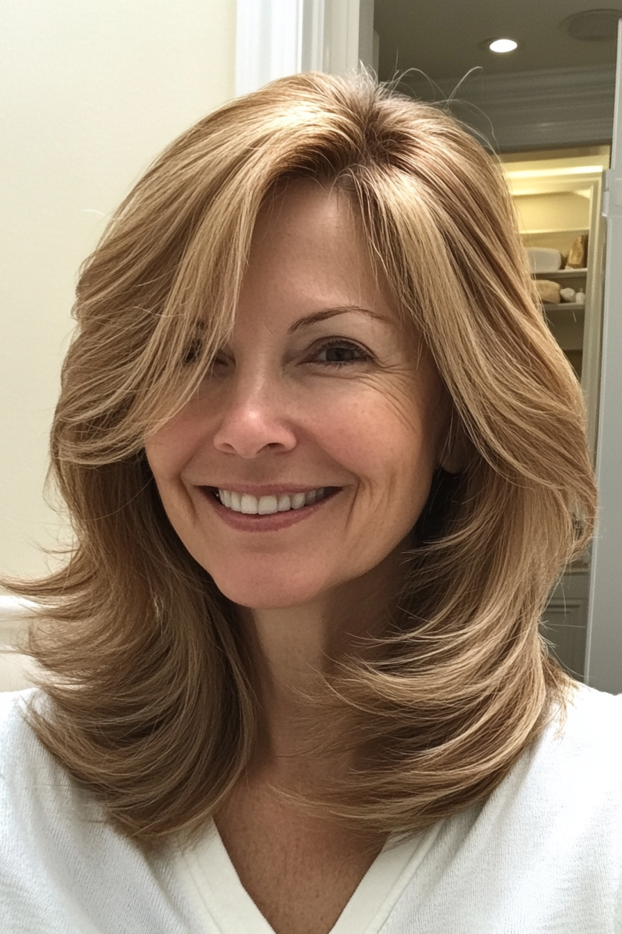15. Face-Framing Layers with Warm Golden Brown (Hairstyles For Older Women With Thin Hair) - Hairstyles For Older Women With Thin Hair