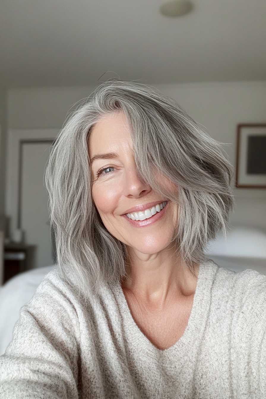 16. Shaggy Bob with Side Part in Natural Gray (Hairstyles For Older Women With Thin Hair) - Hairstyles For Older Women With Thin Hair