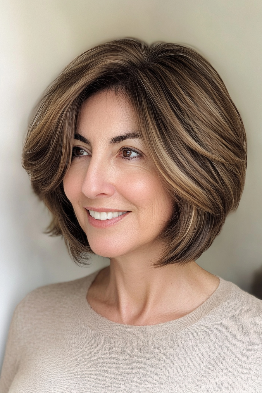 17. Stacked Bob with Highlights in Cool Light Brown (Hairstyles For Older Women With Thin Hair) - Hairstyles For Older Women With Thin Hair