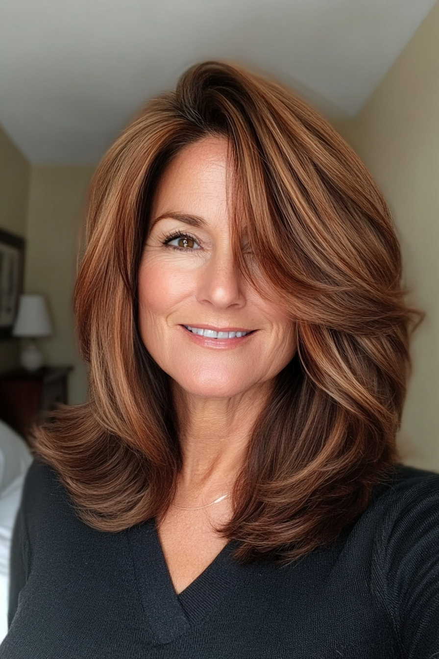 19. Long Layered Bob in Rich Mahogany (Hairstyles For Older Women With Thin Hair) - Hairstyles For Older Women With Thin Hair