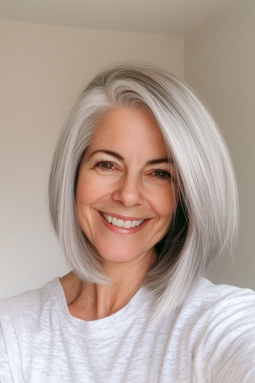 22. Asymmetrical Bob in Frosty Silver (Hairstyles For Older Women With Thin Hair) - Hairstyles For Older Women With Thin Hair