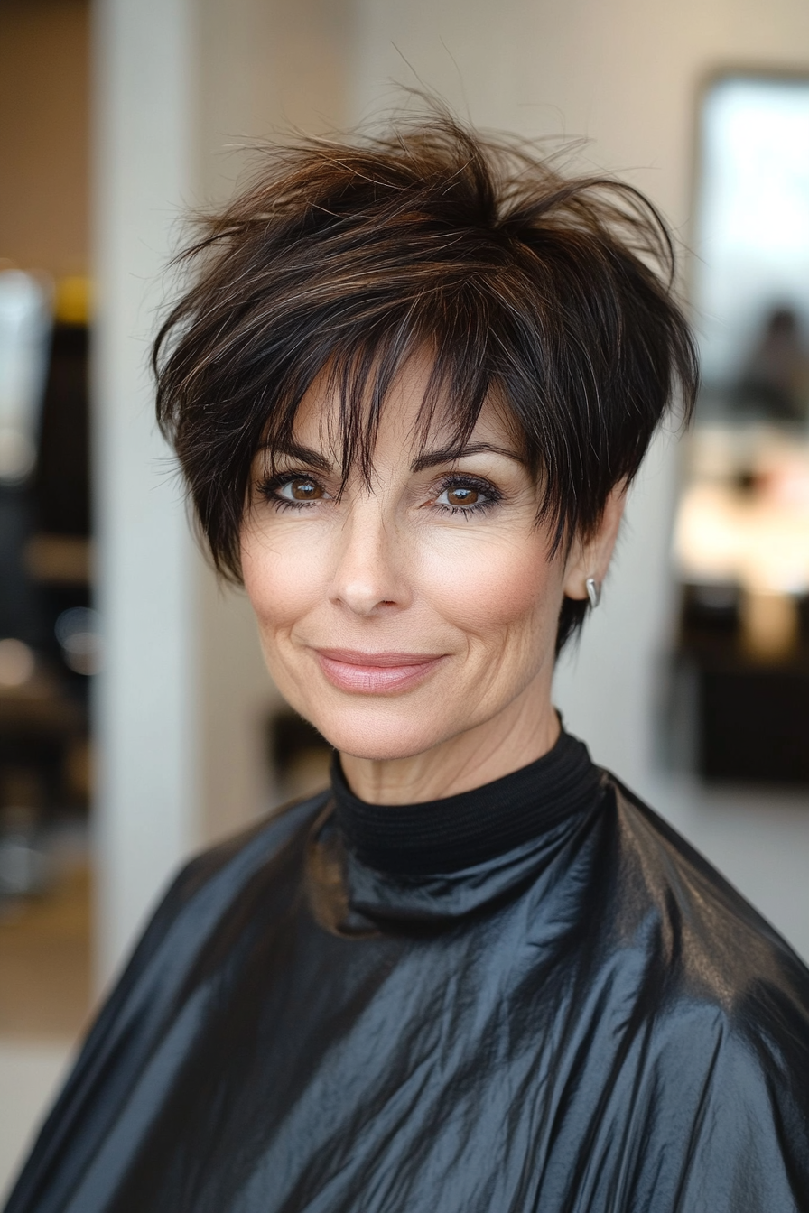 24. Tapered Pixie with Feathered Bangs in Dark Espresso (Hairstyles For Older Women With Thin Hair) - Hairstyles For Older Women With Thin Hair