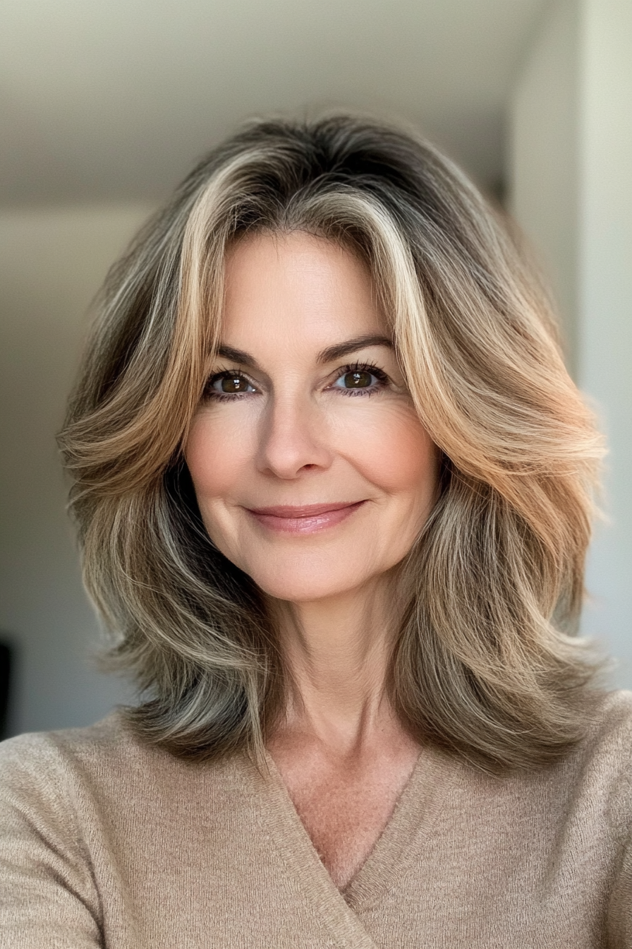 25. Mid-Length Layers with Golden Highlights in Wheat Blonde (Hairstyles For Older Women With Thin Hair) - Hairstyles For Older Women With Thin Hair
