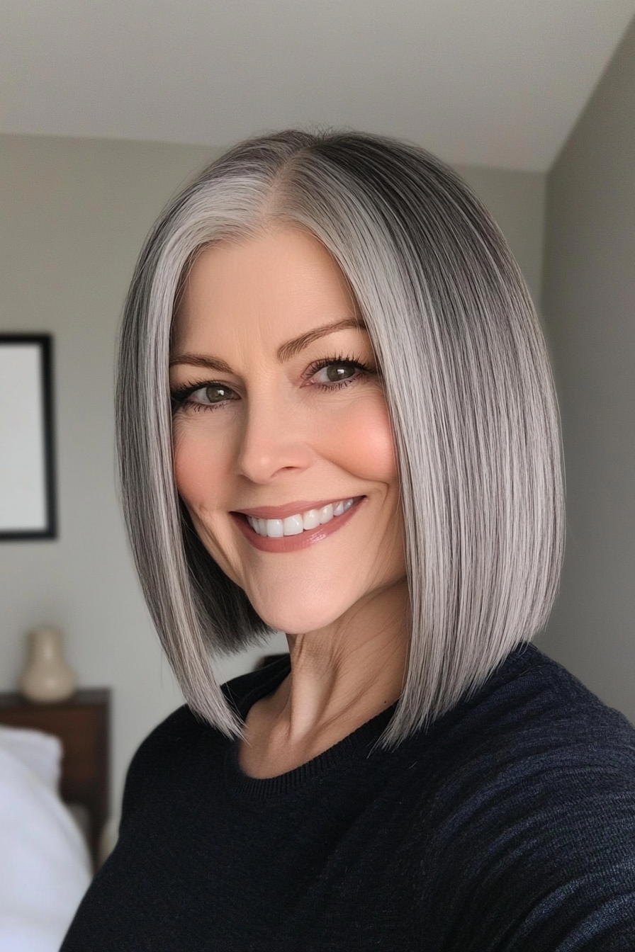 26. Sleek Chin-Length Bob in Smoky Gray (Hairstyles For Older Women With Thin Hair) - Hairstyles For Older Women With Thin Hair