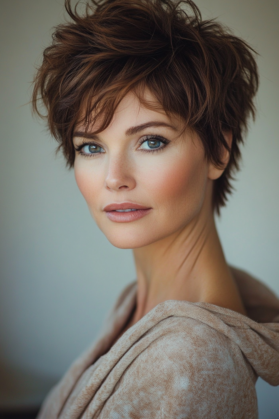 1. Soft Layered Pixie with Warm Chestnut (Short Hairstyles For Women Over 50 With Thin Hair) - Short Hairstyles For Women Over 50 With Thin Hair