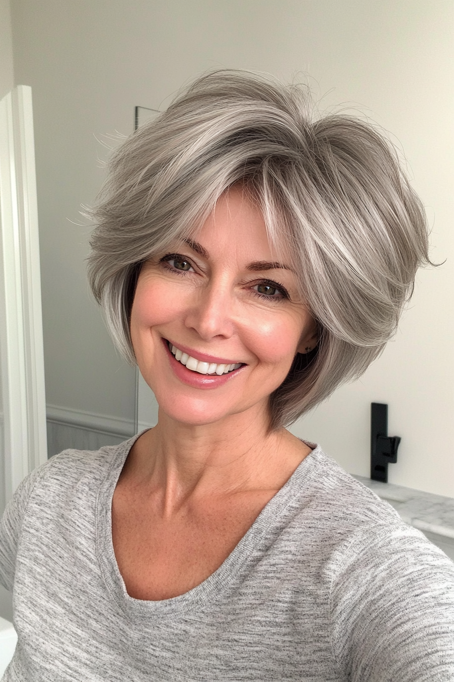 5. Feathered Shag with Silver Gray (Short Hairstyles For Women Over 50 With Thin Hair) - Short Hairstyles For Women Over 50 With Thin Hair