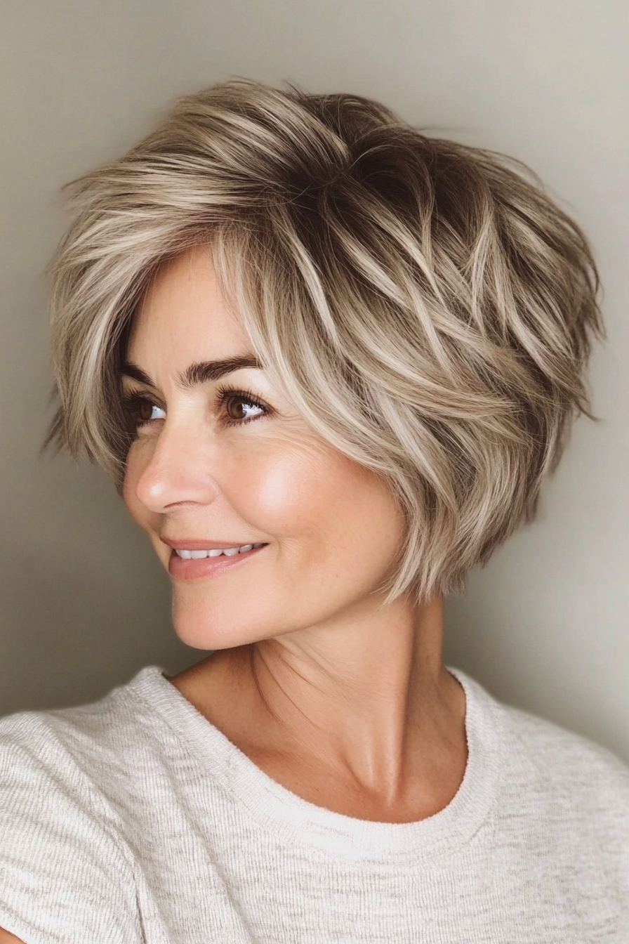 14. Short Shag with Cool Beige Highlights (Short Hairstyles For Women Over 50 With Thin Hair) - Short Hairstyles For Women Over 50 With Thin Hair