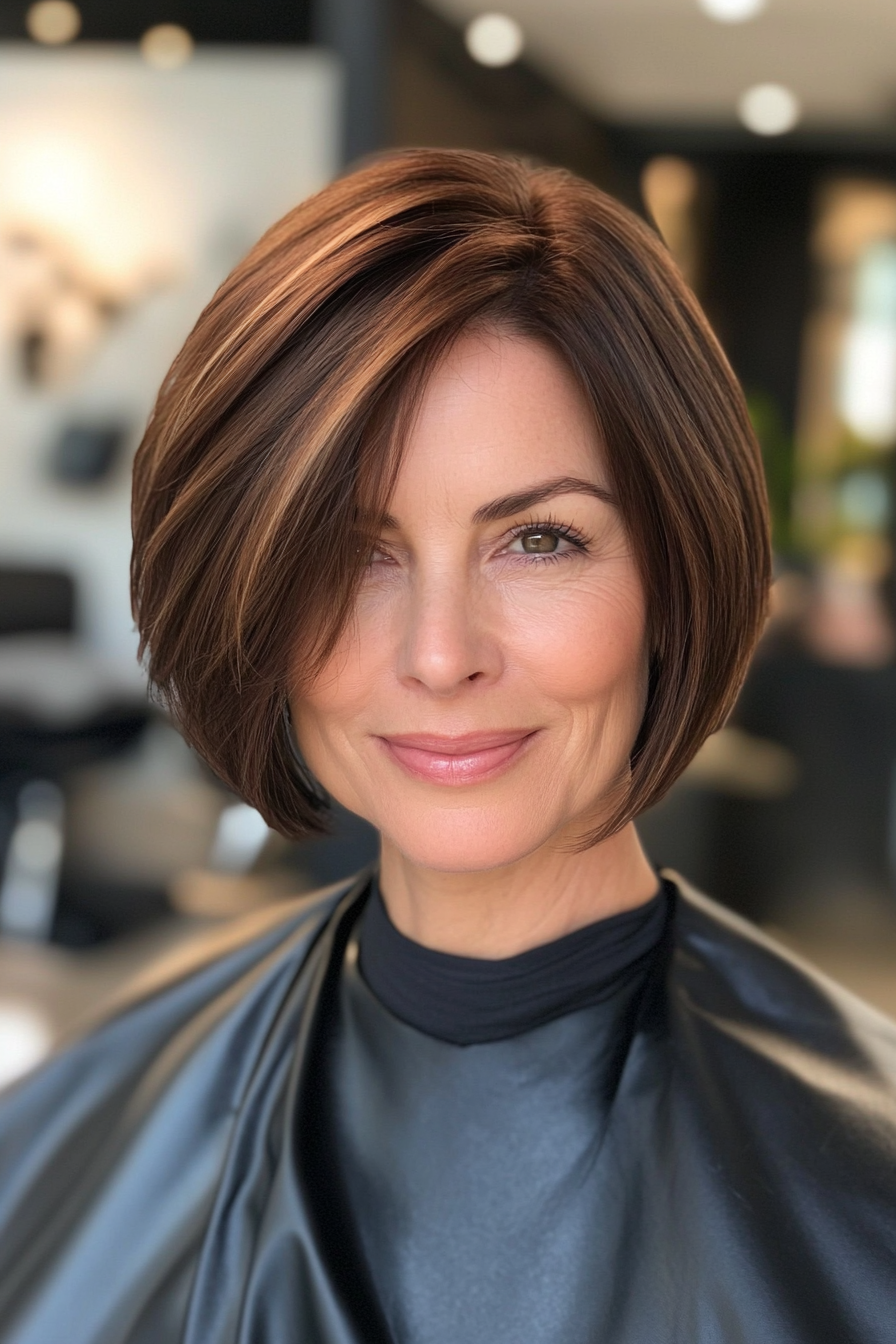15. Asymmetrical Bob with Dark Chestnut (Short Hairstyles For Women Over 50 With Thin Hair) - Short Hairstyles For Women Over 50 With Thin Hair