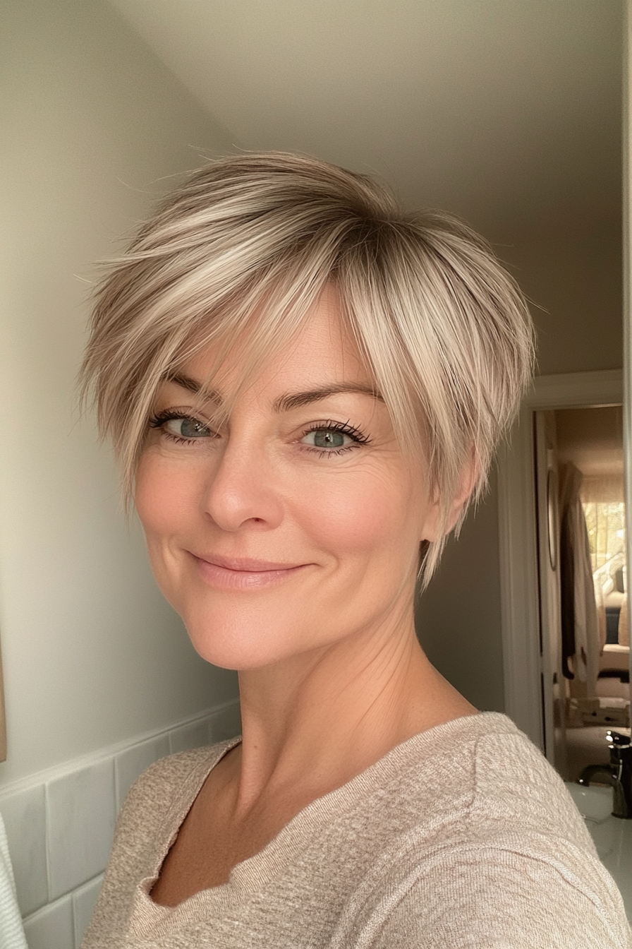 16. Pixie with Baby Bangs in Soft Blonde (Short Hairstyles For Women Over 50 With Thin Hair) - Short Hairstyles For Women Over 50 With Thin Hair
