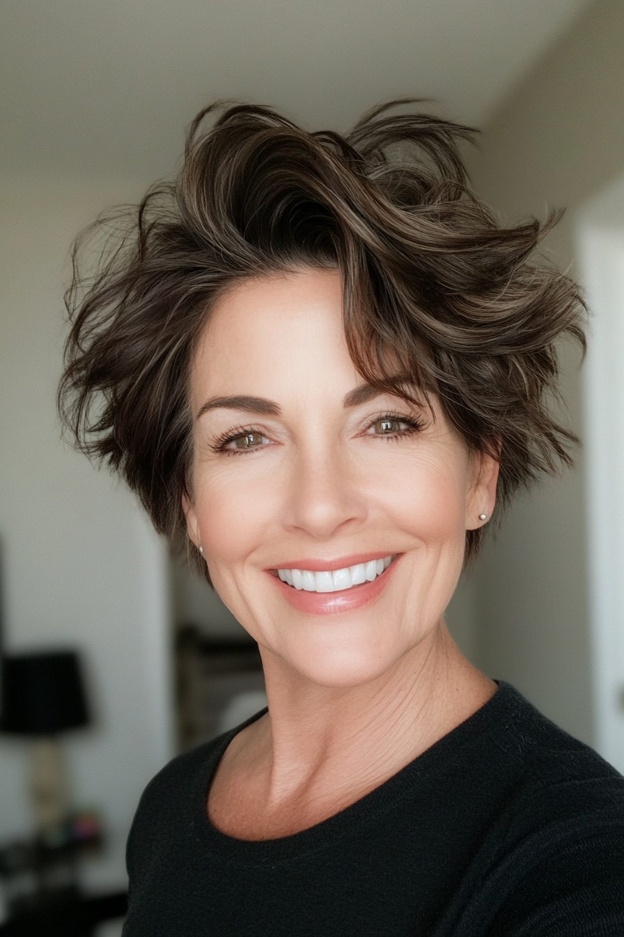 19. Tousled Pixie with Dark Espresso (Short Hairstyles For Women Over 50 With Thin Hair) - Short Hairstyles For Women Over 50 With Thin Hair
