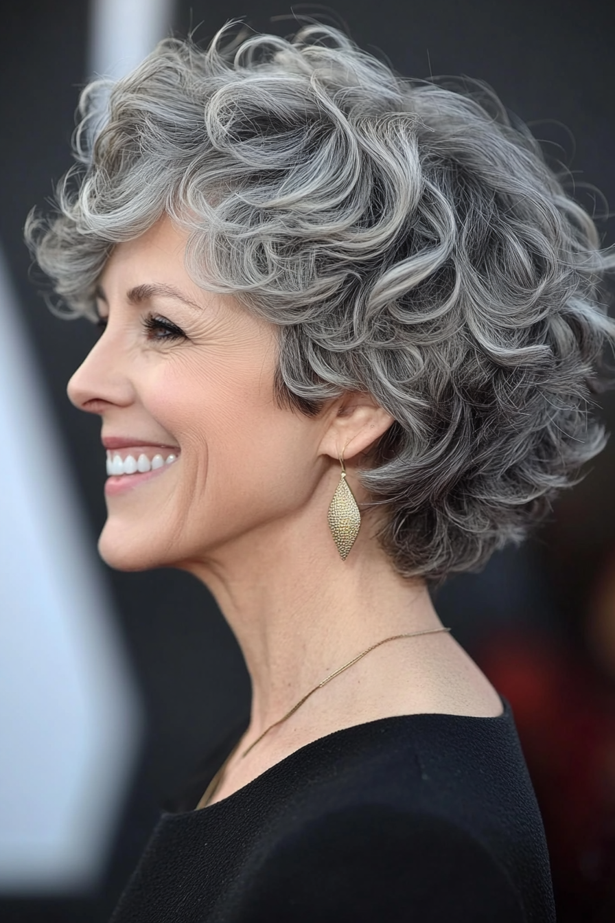 24. Short Curls with Ash Gray Highlights (Short Hairstyles For Women Over 50 With Thin Hair) - Short Hairstyles For Women Over 50 With Thin Hair