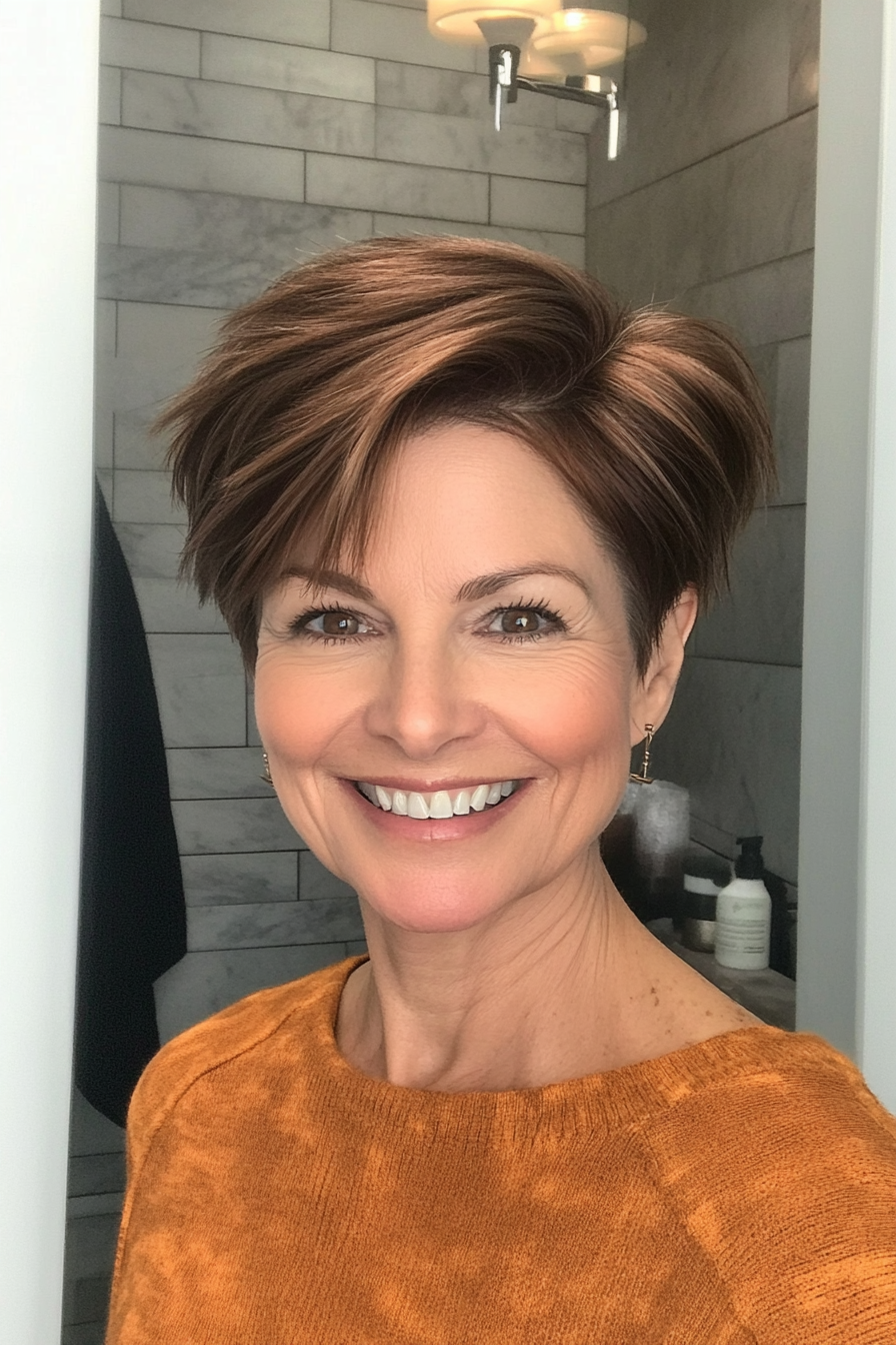27. Angled Pixie with Warm Cinnamon (Short Hairstyles For Women Over 50 With Thin Hair) - Short Hairstyles For Women Over 50 With Thin Hair