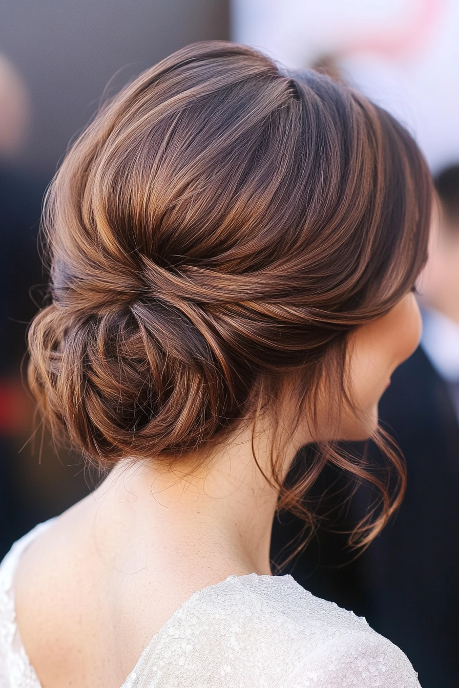 1. Layered Crown Bun in Deep Brunette (Hair Up Hairstyle) - Hair Up Hairstyle