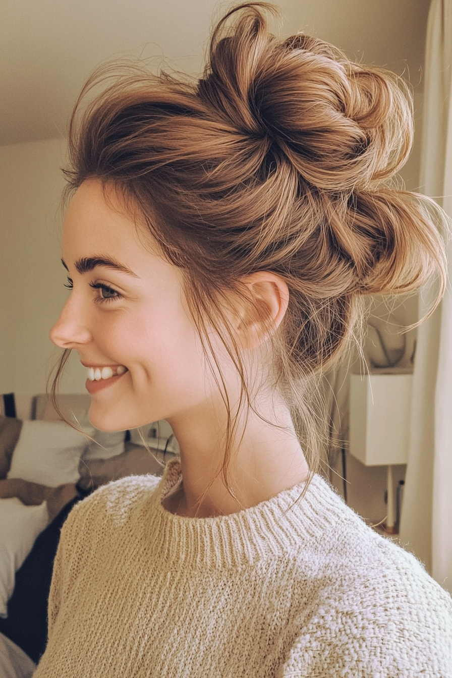 10. Messy Bun with Face-Framing Layers in Caramel Brown (Hair Up Hairstyle) - Hair Up Hairstyle