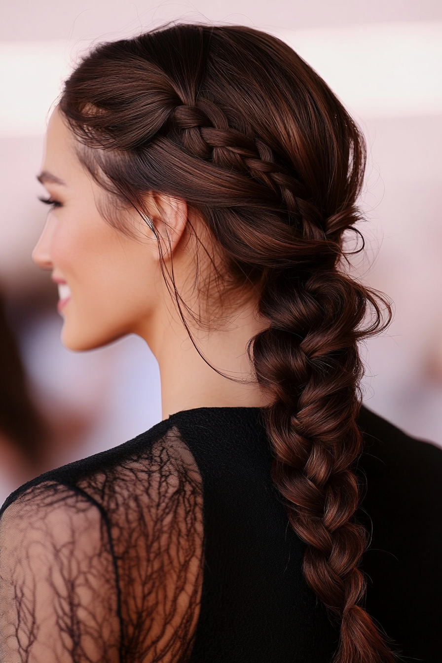 14. Braided Low Ponytail in Dark Chocolate Brown (Hair Up Hairstyle) - Hair Up Hairstyle