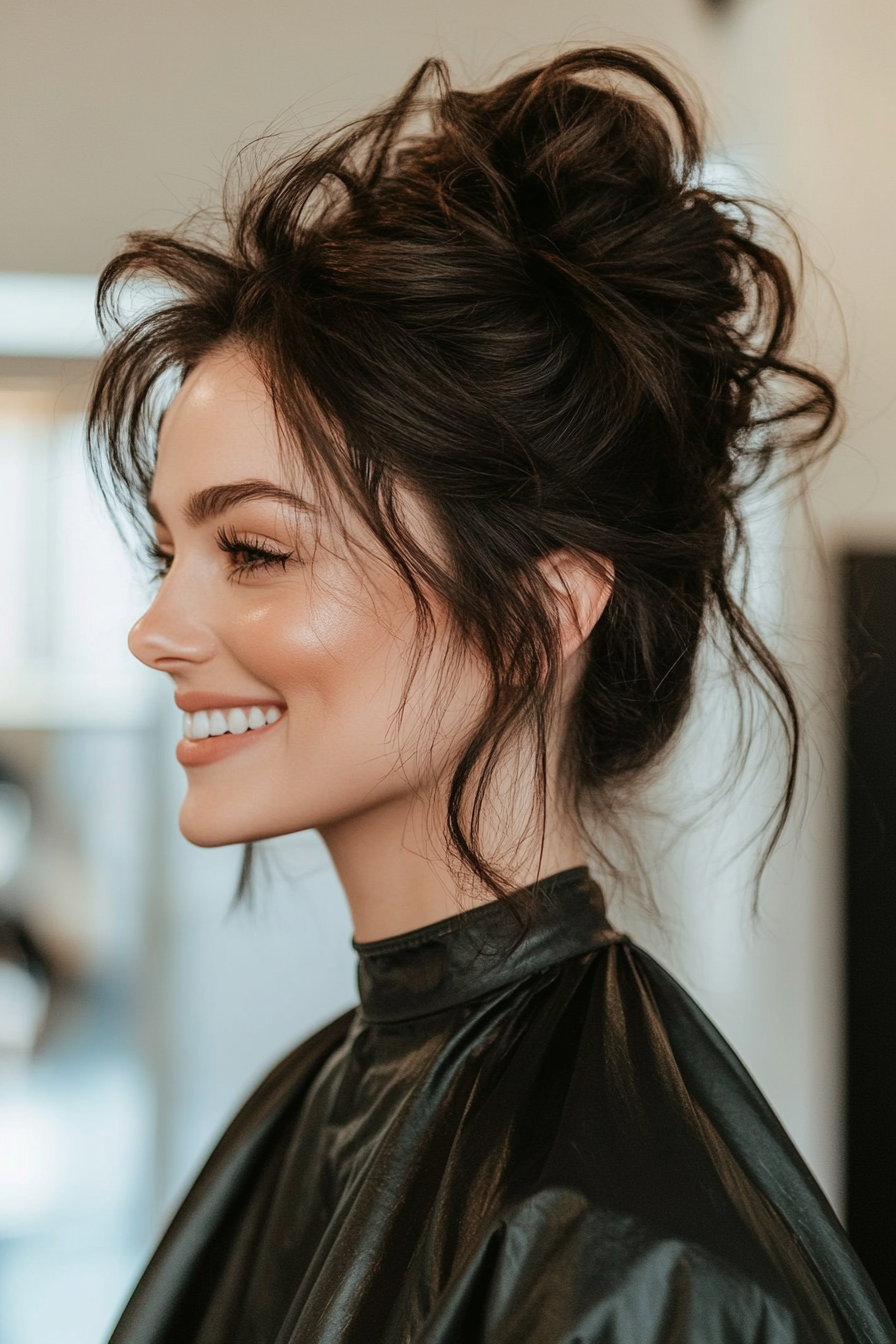 17. High Messy Bun in Deep Black (Hair Up Hairstyle) - Hair Up Hairstyle