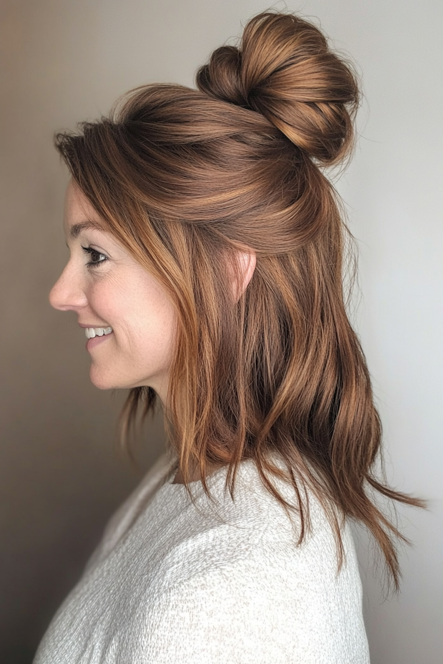 20. Layered Half-Up Bun in Warm Chestnut (Hair Up Hairstyle) - Hair Up Hairstyle