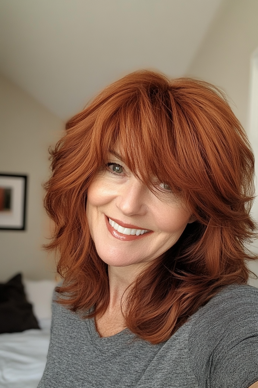 8. Rich Auburn Shag with Layered Curtain Bangs (Shaggy Hairstyles For Older Women) - Shaggy Hairstyles For Older Women