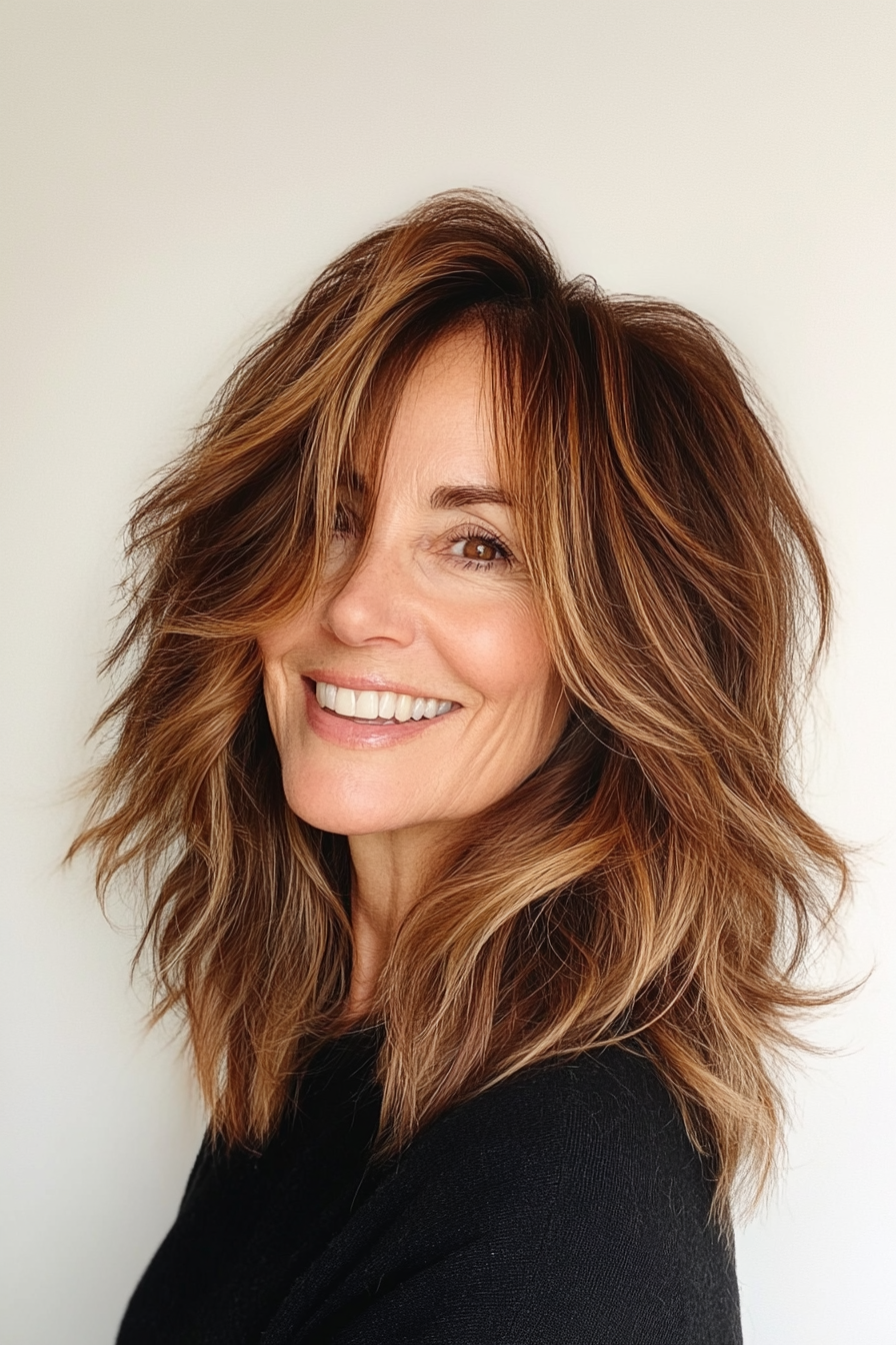 11. Caramel Brown Shag with Subtle Highlights (Shaggy Hairstyles For Older Women) - Shaggy Hairstyles For Older Women