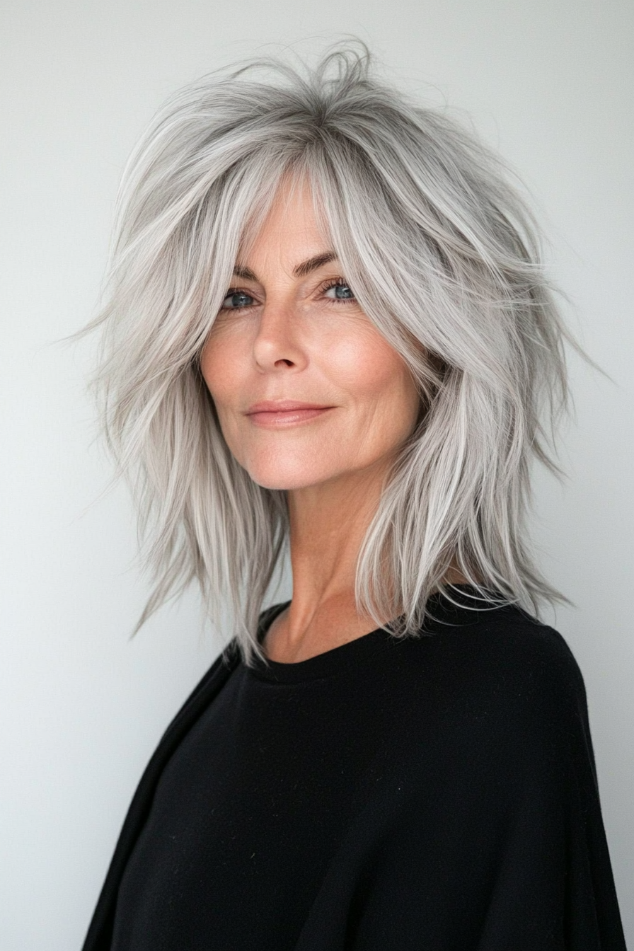 12. Smoky Gray Shag with Asymmetric Layers (Shaggy Hairstyles For Older Women) - Shaggy Hairstyles For Older Women