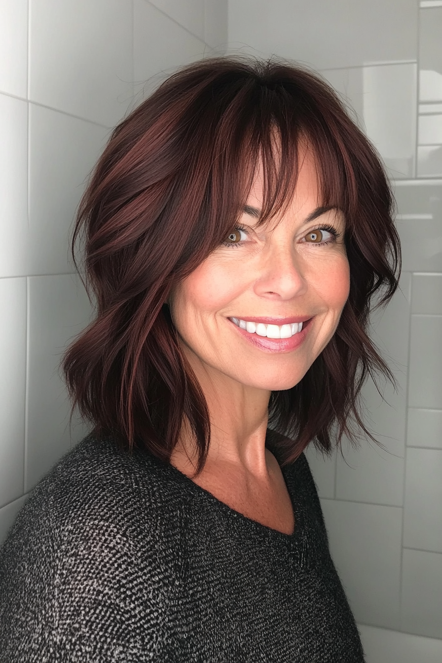 14. Dark Mahogany Shag with Angled Bangs (Shaggy Hairstyles For Older Women) - Shaggy Hairstyles For Older Women