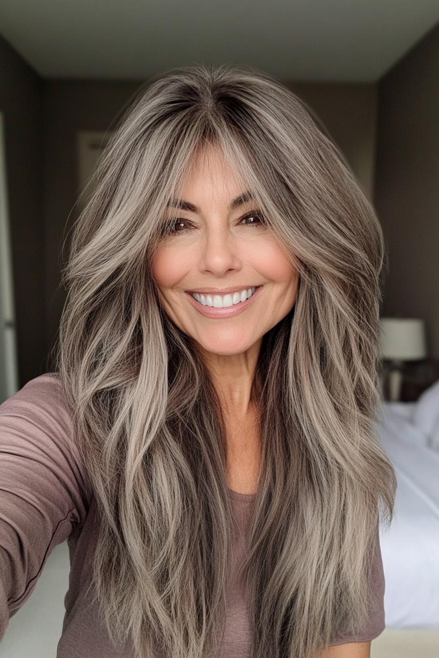 17. Ash Brown Shag with Long Layers (Shaggy Hairstyles For Older Women) - Shaggy Hairstyles For Older Women