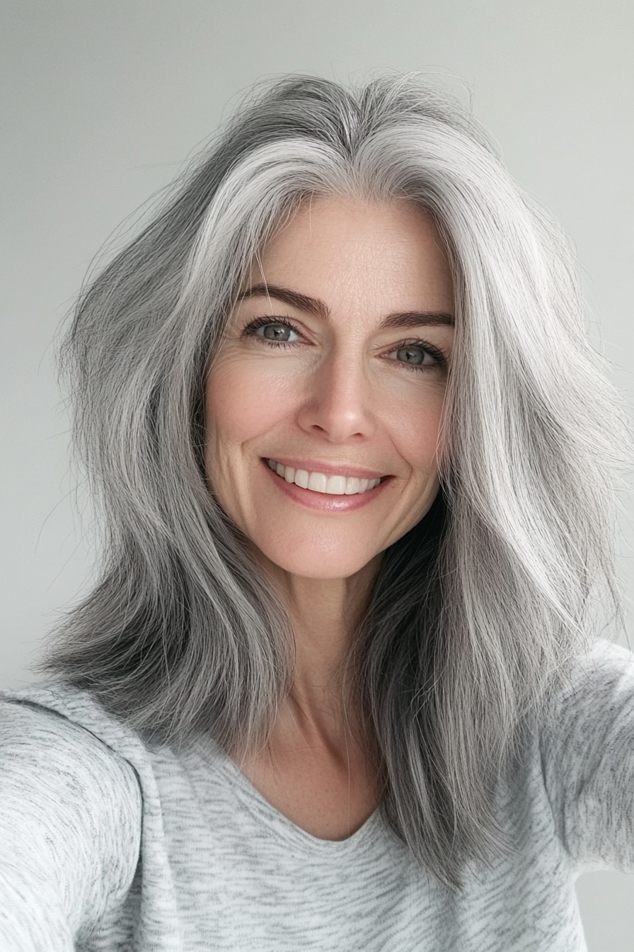 18. Natural Gray Shag with Voluminous Top (Shaggy Hairstyles For Older Women) - Shaggy Hairstyles For Older Women