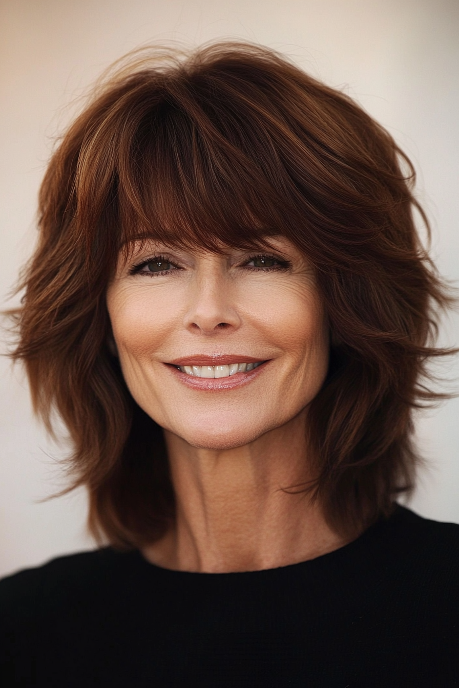 26. Deep Chestnut Shag with Tapered Bangs (Shaggy Hairstyles For Older Women) - Shaggy Hairstyles For Older Women