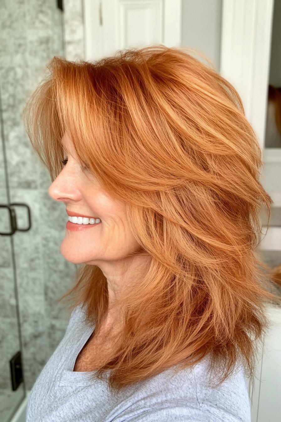 27. Golden Copper Shag with Wispy Layers (Shaggy Hairstyles For Older Women) - Shaggy Hairstyles For Older Women
