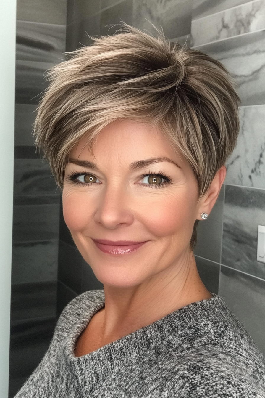 1. Feathered Pixie in Ash Brown (Short Pixie Hairstyles For Women Over 50) - Short Pixie Hairstyles For Women Over 50