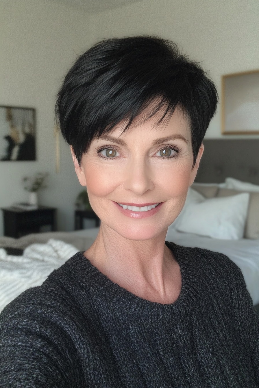 2. Classic Tapered Pixie in Jet Black (Short Pixie Hairstyles For Women Over 50) - Short Pixie Hairstyles For Women Over 50