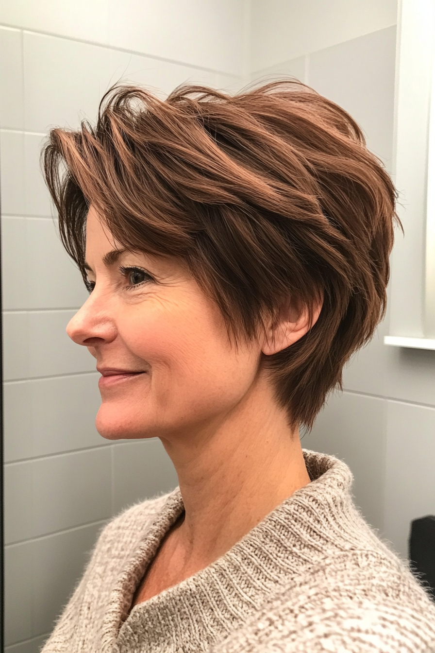 3. Choppy Pixie in Warm Chestnut (Short Pixie Hairstyles For Women Over 50) - Short Pixie Hairstyles For Women Over 50
