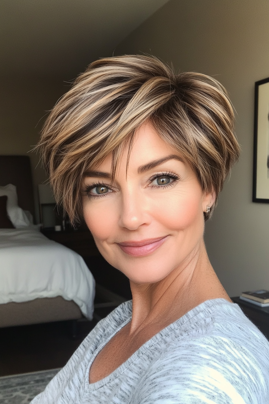5. Layered Pixie in Soft Caramel (Short Pixie Hairstyles For Women Over 50) - Short Pixie Hairstyles For Women Over 50