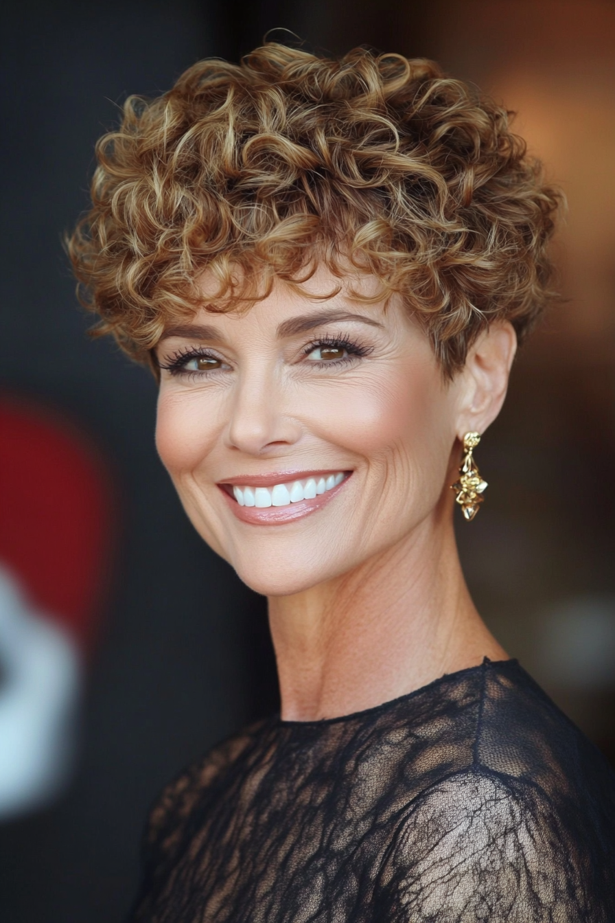 9. Curly Pixie in Golden Brown (Short Pixie Hairstyles For Women Over 50) - Short Pixie Hairstyles For Women Over 50