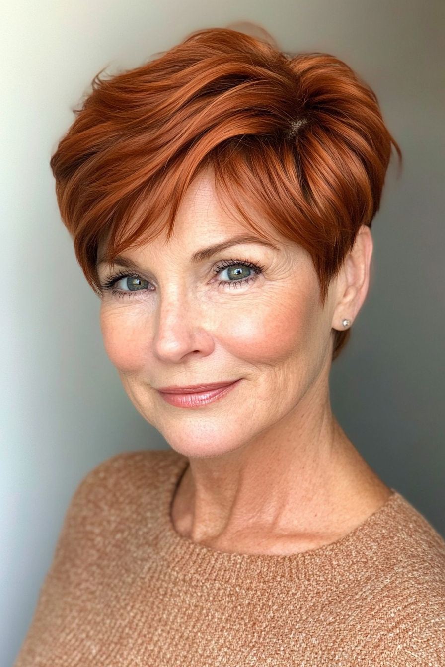 10. Voluminous Pixie in Warm Auburn (Short Pixie Hairstyles For Women Over 50) - Short Pixie Hairstyles For Women Over 50