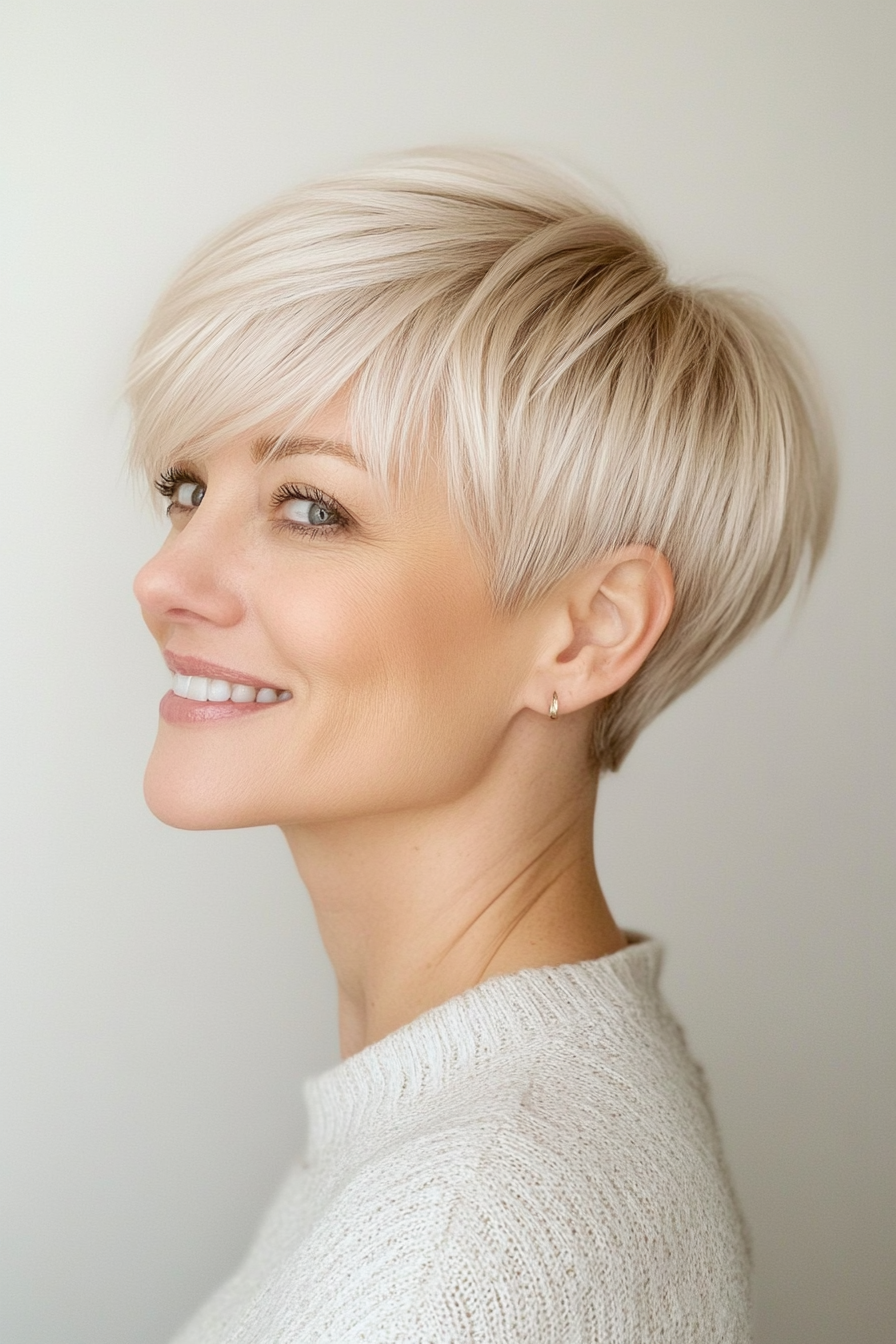 13. Long Fringe Pixie in Platinum Blonde (Short Pixie Hairstyles For Women Over 50) - Short Pixie Hairstyles For Women Over 50